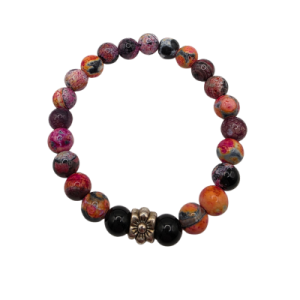 Orange and Pink Fire Agate with Black Onyx Beaded Bracelet