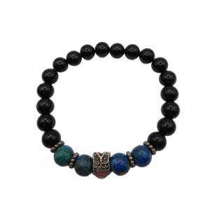 Blue Yellow African Turquoise and Black Onyx Beads with Owl Charm