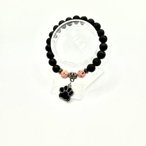 Beaded Black and Pink Lava Stones with Black Paw Charm Bracelet