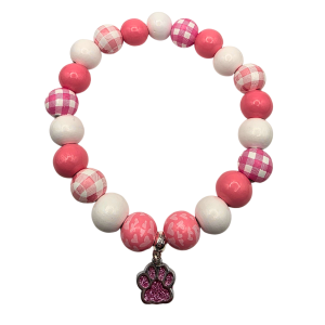 Pink and White Wooden Bead Dog Necklace with Pink Paw Charm