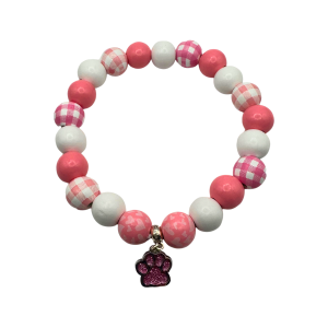 Dog Necklace with Pink and White Wooden Beads and Pink Paw Charm
