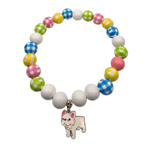 Spring Collection Dog Necklace with Gingham Beads and White French Bulldog Charm